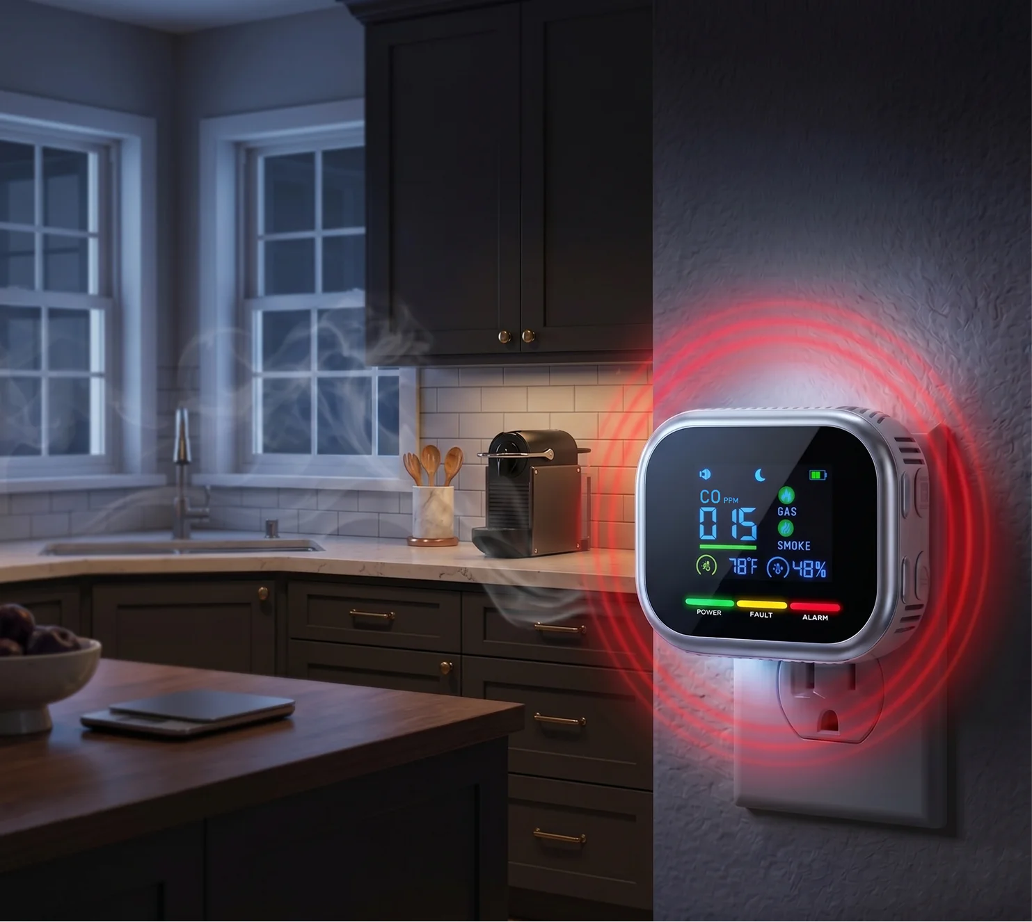 CarbonOne Safe detector plugged into a kitchen wall outlet, showing a live CO reading